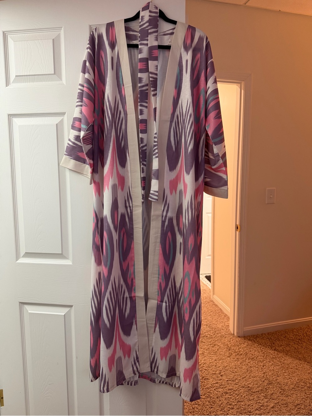 Lightweight Printed Open Front Ikat Duster Coat - Pink & Purple